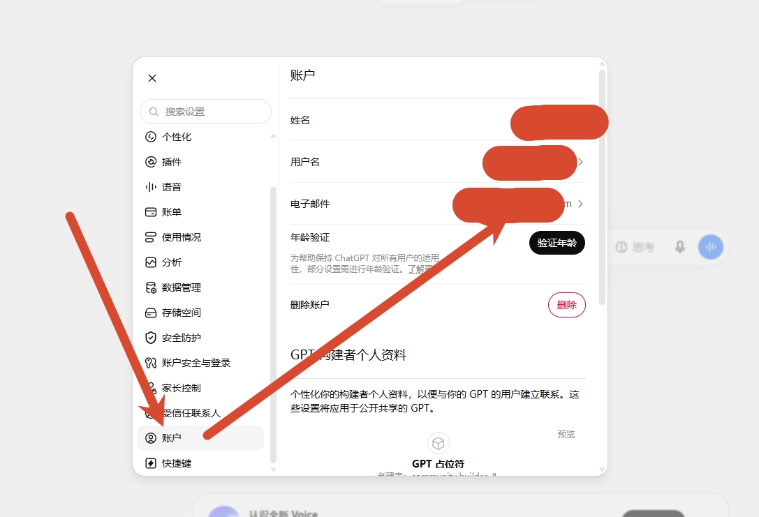 账户页面中的电子邮件入口截图
